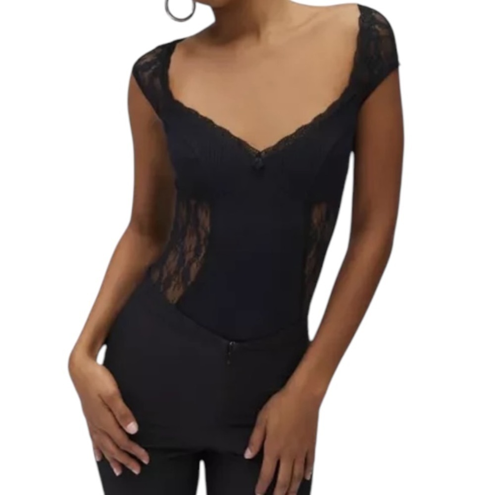 Out From Under Sweet Cheeks Floral Lace Trim Bodysuit Black Wireless Small Goth